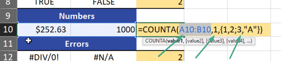 A range, a single value and four elements